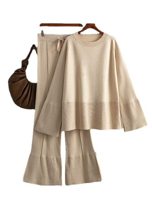 Casual Long Sleeves Loose Solid Color Round-Neck Sweater Tops & Wide Leg Pants Two Pieces Set