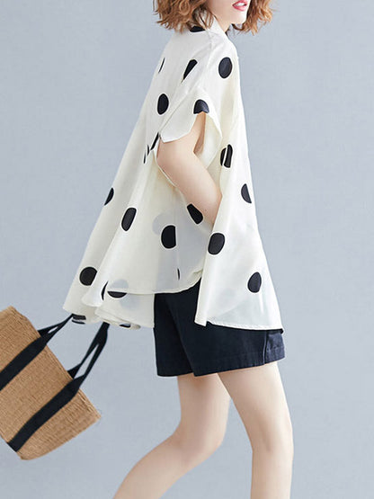 Chemisiers et chemises à manches chauve-souris, manches mi-longues, boutonnés, à pois, à revers 