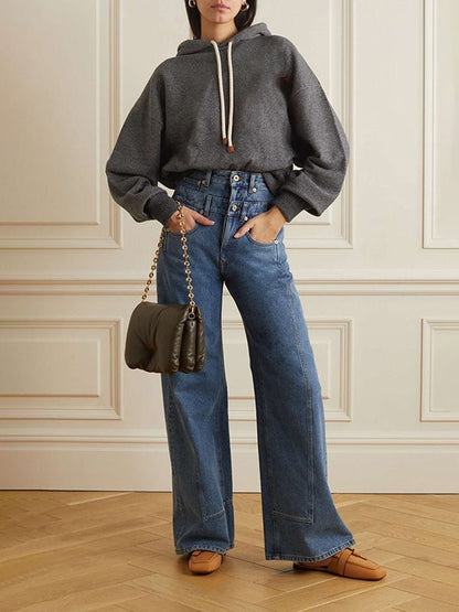 High Waisted Loose Buttoned No Belt Pockets Split-Joint Jean Pants Bottoms