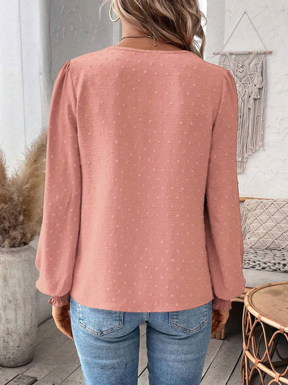 Balloon Sleeves Long Sleeves Embroidered Hollow Solid Color V-Neck Blouses&Shirts Tops
