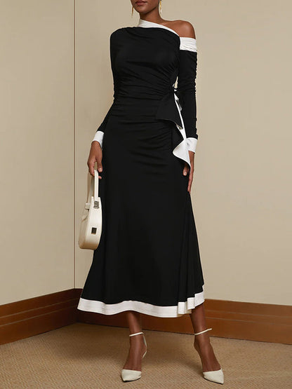 Long Sleeves Asymmetric Contrast Color Pleated Split-Joint One-Shoulder Evening Dresses Maxi Dresses