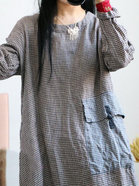 Loose Vintage Linen Plaid Round-neck Long Dress