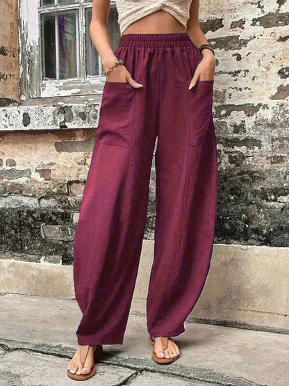 Pantalon ample grande taille avec poches élastiques et couleur unie 