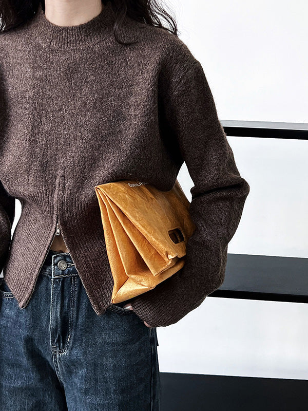 Lange Ärmel, locker, einfarbig, mit Reißverschluss, Stehkragen, Pullover, Oberteile 