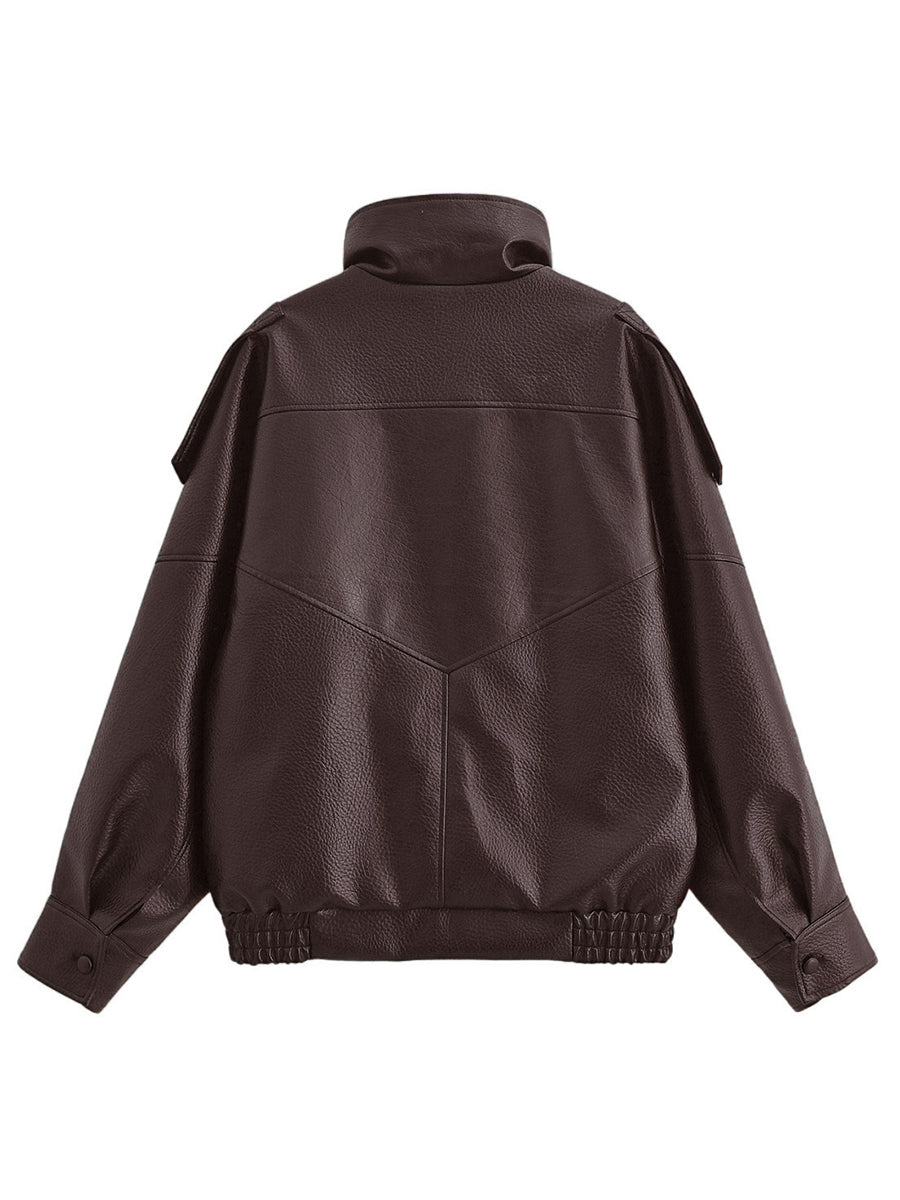 Zipper Split-Joint Solid Color Pockets Elasticity Buttoned Asymmetric Long Sleeves Stand Collar Outerwear Jackets