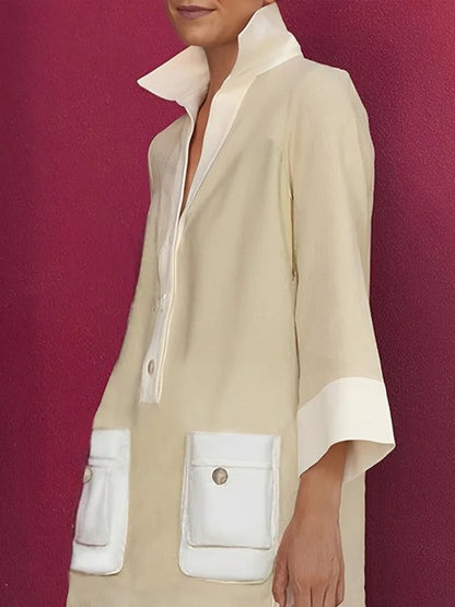 A-Line Loose Buttoned Contrast Color Pockets Stand Collar Mini Dresses