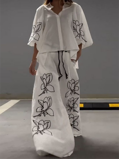 Loose Wide Leg Drawstring Flower Print Casual Pants Bottoms Trousers