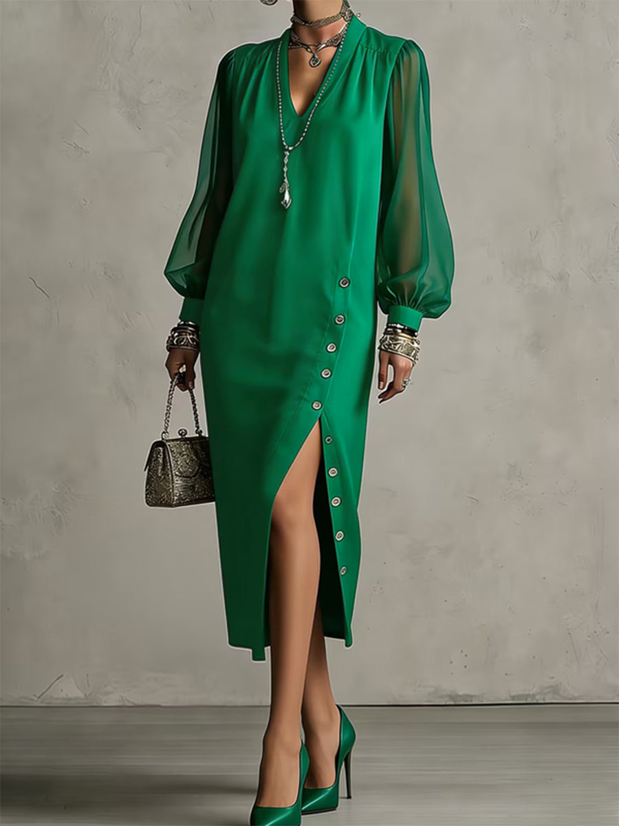 Long Sleeves Puff Sleeves Buttoned Pleated Solid Color Split-Side V-Neck Midi Dresses