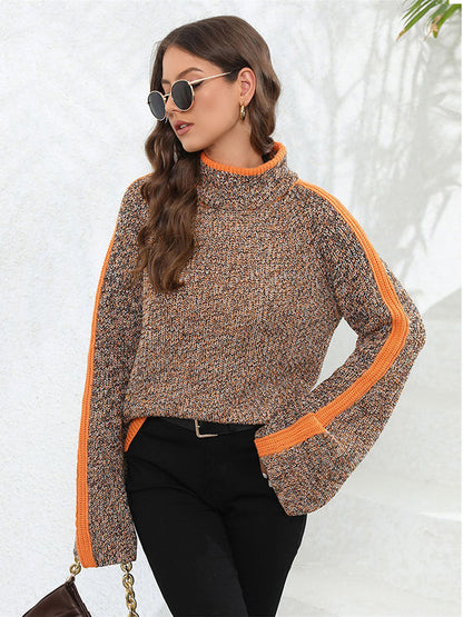 Casual Long Sleeves Loose Contrast Color Half Turtleneck Sweater Tops