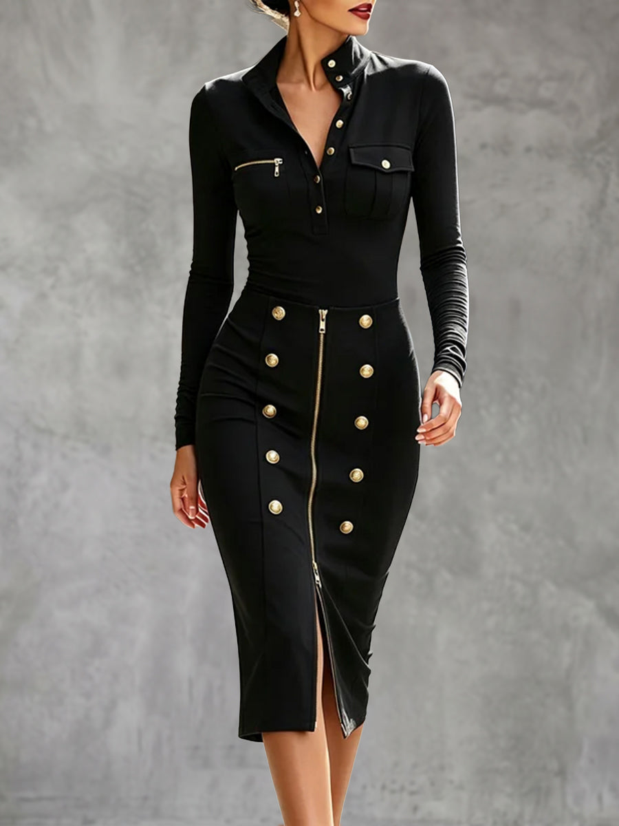 Zipper Solid Color Buttoned High Waisted Bodycon Skirts
