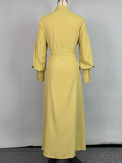 A-Line Long Sleeves Buttoned Pleated Pockets Solid Color Tied Waist V-Neck Maxi Dresses
