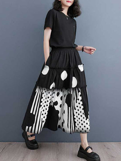 Loose Elasticity Pleated Pockets Polka Dot Printed Ruffled Split-Joint Skirts Bottoms