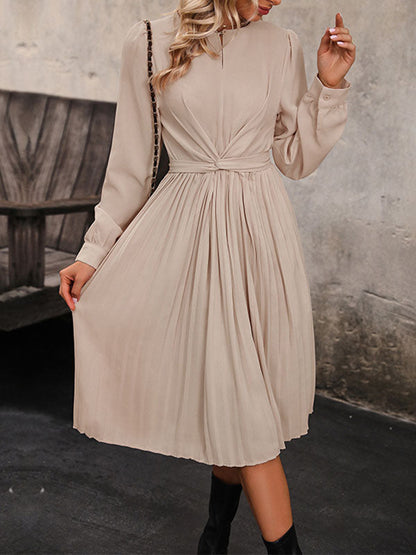Long Sleeves Loose Pleated Solid Color Split-Joint Tied Waist Round-Neck Midi Dresses