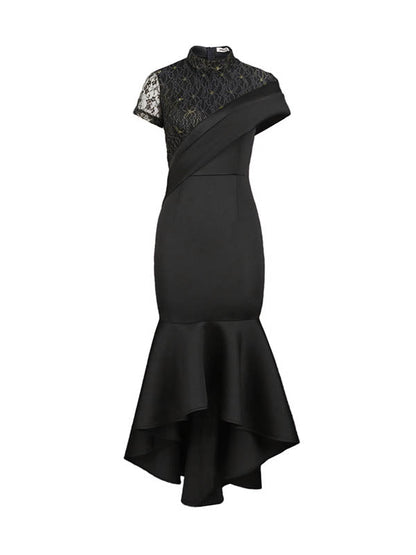 Bodycon High Waisted Ruffle Trim Solid Color Split-Joint Round-Neck Midi Dresses