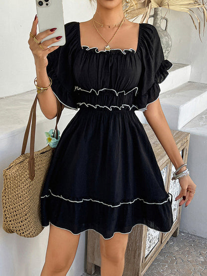 A-line High Waisted Elasticity Pleated Ruffle Trim Solid Color Square-neck Mini Dresses