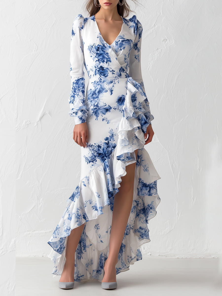 High Waisted High-Low Flower Print Ruffled Split-Joint Zipper V-Neck Maxi Dresses