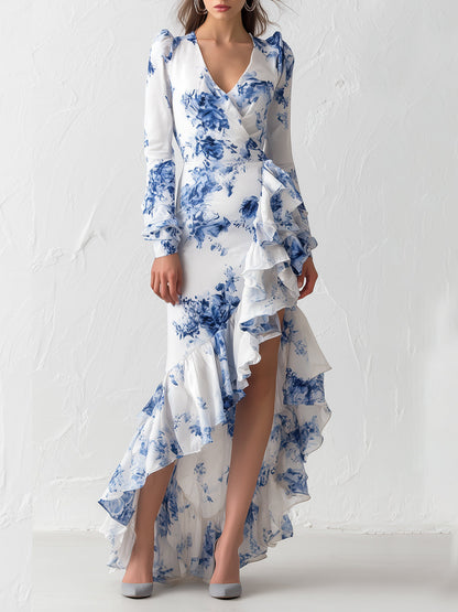 High Waisted High-Low Flower Print Ruffled Split-Joint Zipper V-Neck Maxi Dresses