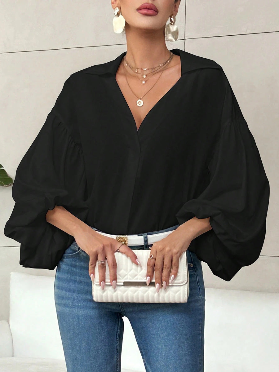 Long Sleeves Loose Pleated Solid Color Split-Joint Lapel Blouses&Shirts Tops