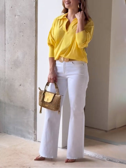 Loose Puff Sleeves Solid Color Lapel Blouses&Shirts Tops