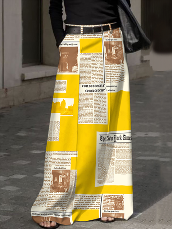 High Waisted Loose Newspaper Print Pockets Skirts Bottoms