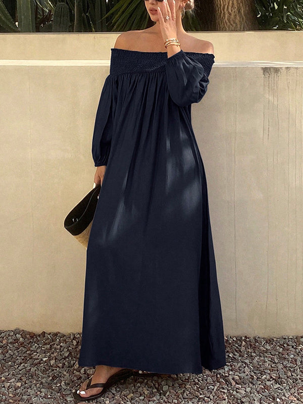 Loose Puff Sleeves Elasticity Pleated Solid Color Off-The-Shoulder Maxi Dresses