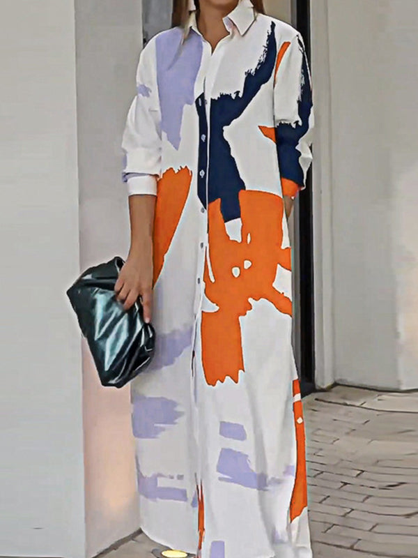 Lockeres, gewickeltes Hemdkleid mit Knöpfen, kontrastfarbenen Taschen, bedrucktem Schlitz an der Seite 