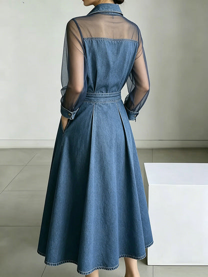 A-Line High Waisted Buttoned Pockets See-Through Solid Color Split-Joint Lapel Maxi Dresses