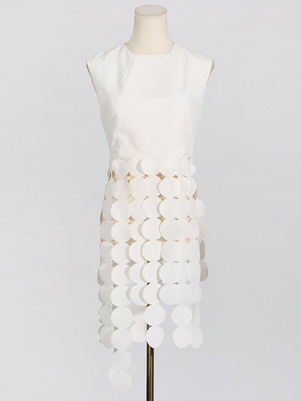 Haut sans manches à pois, couleur unie, col rond, pompons fendus 