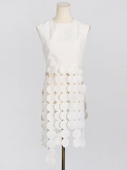 Haut sans manches à pois, couleur unie, col rond, pompons fendus 