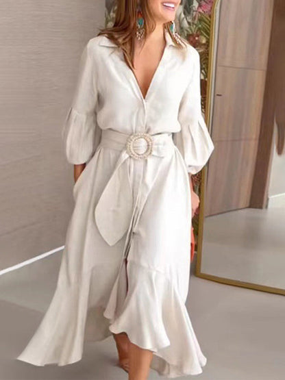 High-Low Puff Sleeves Pleated Solid Color Lapel Collar Maxi Dresses