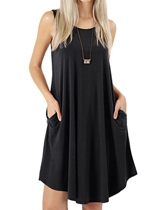 Loose Pockets Sleeveless Solid Color Spaghetti-Neck Mini Dresses