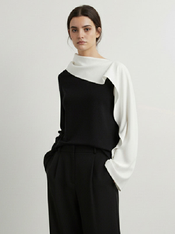 Long Sleeves Loose Asymmetric Contrast Color Asymmetric Collar Blouses&Shirts Tops