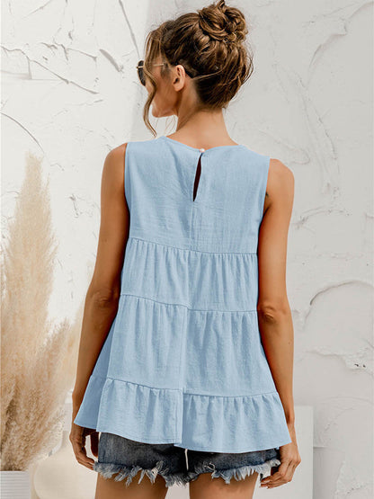 Casual Loose Sleeveless Split-Joint Solid Color Round-Neck Vest Top