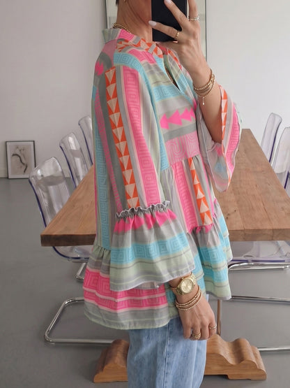 Flared Sleeves Long Sleeves Buttoned Contrast Color Pleated Printed Ruffle Trim Split-Joint V-Neck Blouses&Shirts Tops