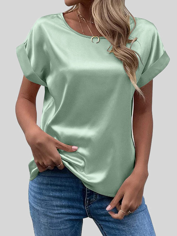 Loose Short Sleeves Solid Color Round-Neck T-Shirts Tops LIGHT GREEN