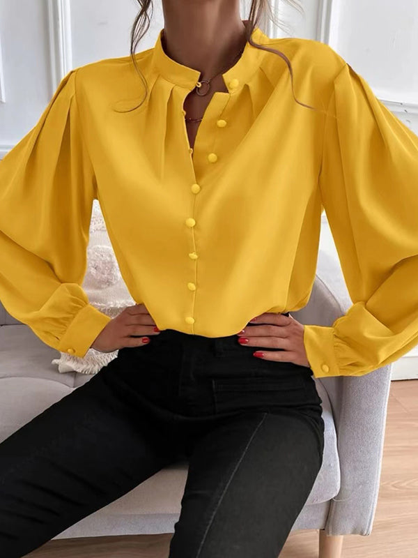 Loose Puff Sleeves Pleated Solid Color Split-Joint Stand Collar Blouses