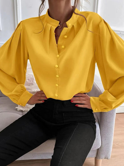 Loose Puff Sleeves Pleated Solid Color Split-Joint Stand Collar Blouses