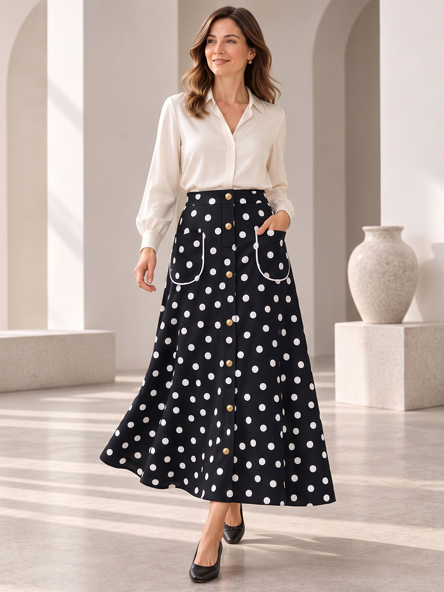 Polka-Dot Pockets Elasticity Contrast Color Buttoned High Waisted A-line Skirts Bottoms