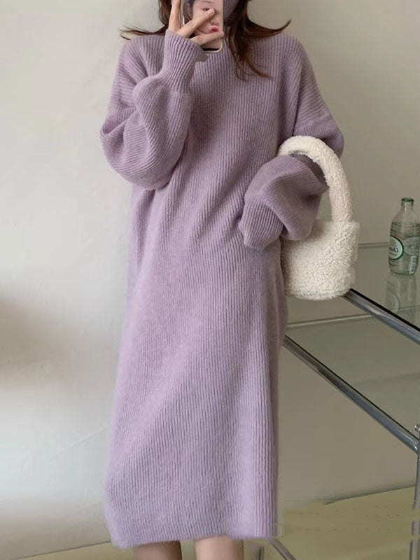 Long Sleeves Loose Solid Color High Neck Midi Dresses Sweater Dresses