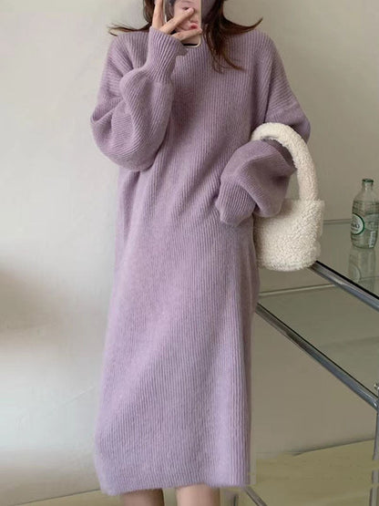 Long Sleeves Loose Solid Color High Neck Midi Dresses Sweater Dresses