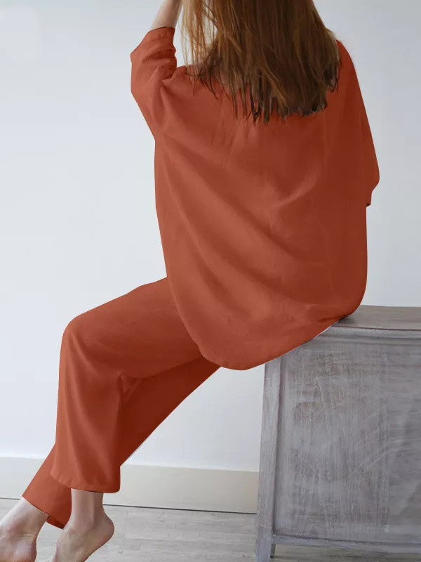 Lässiges, lockeres, langärmliges, einfarbiges T-Shirt-Oberteil und Hose, zweiteiliges Set 