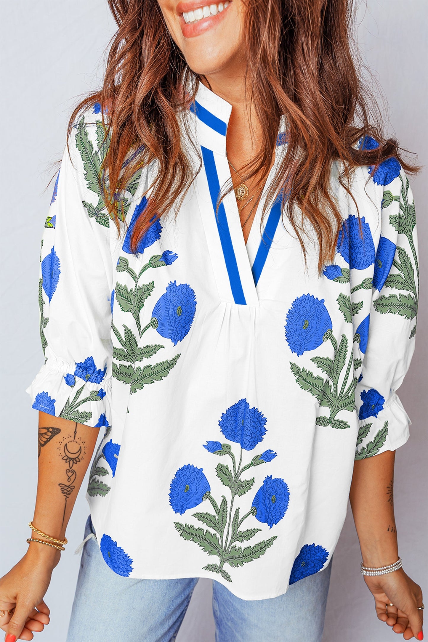 Casual Wild Flower Print V Neck 3/4 Sleeve Blouse