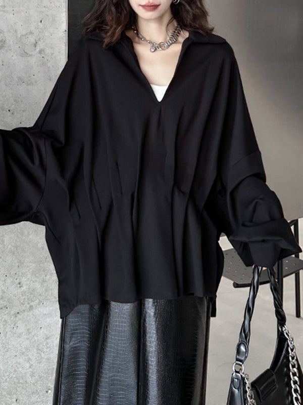 Batwing Sleeves Long Sleeves Pleated Solid Color Deep V-Neck Blouses&Shirts Tops