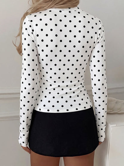 Polka-Dot Hollow Skinny Long Sleeves Round-neck T-Shirts Tops