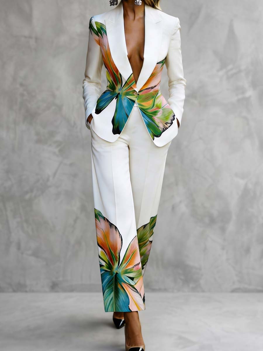 Pockets Flower Print High Waisted Trousers Pants