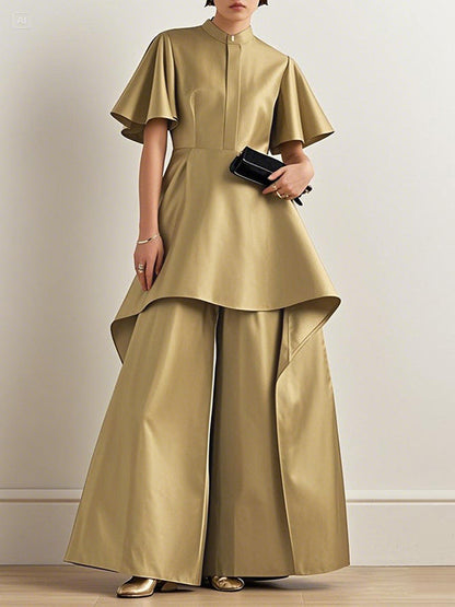 Pantalon taille haute ample brillant de couleur unie 