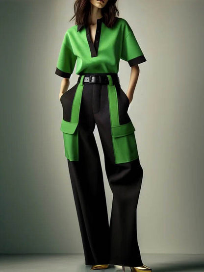 Half Sleeves Loose Contrast Color Lapel Blouses&Shirts Tops