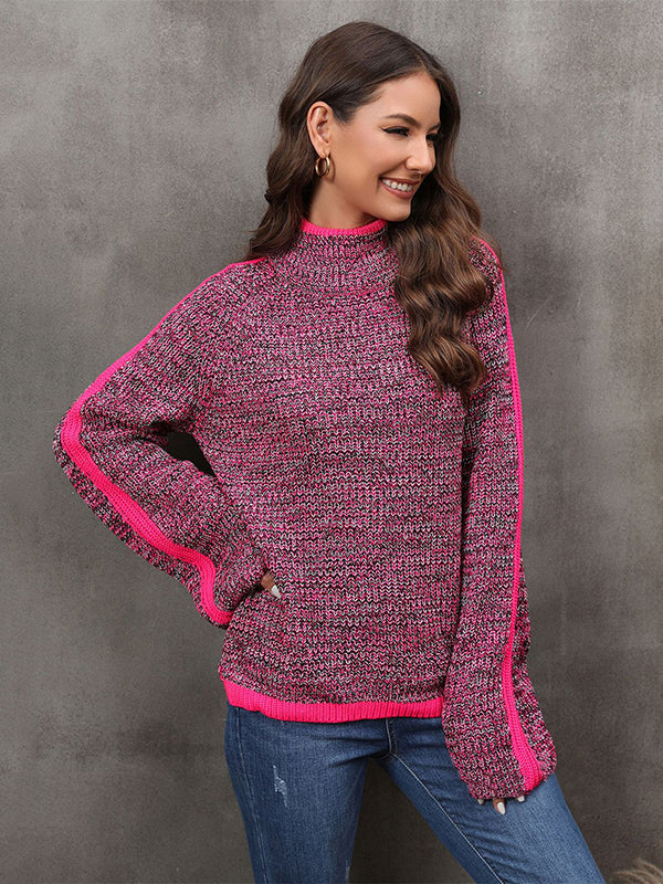 Casual Long Sleeves Loose Contrast Color Half Turtleneck Sweater Tops