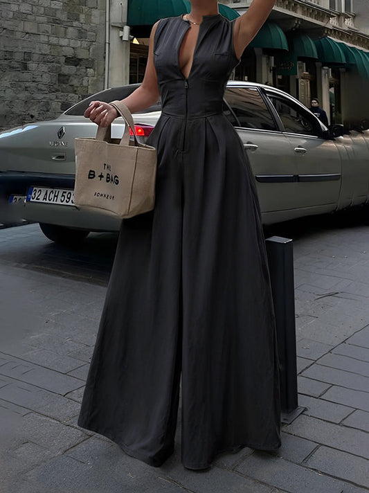 High Waisted Loose Pockets Solid Color Zipper V-Neck Jumpsuits