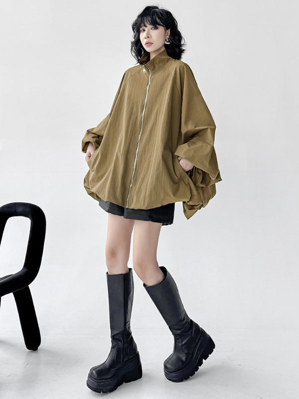 A-Line Long Sleeves Buttoned Solid Color Zipper Stand Collar Outerwear Windbreakers